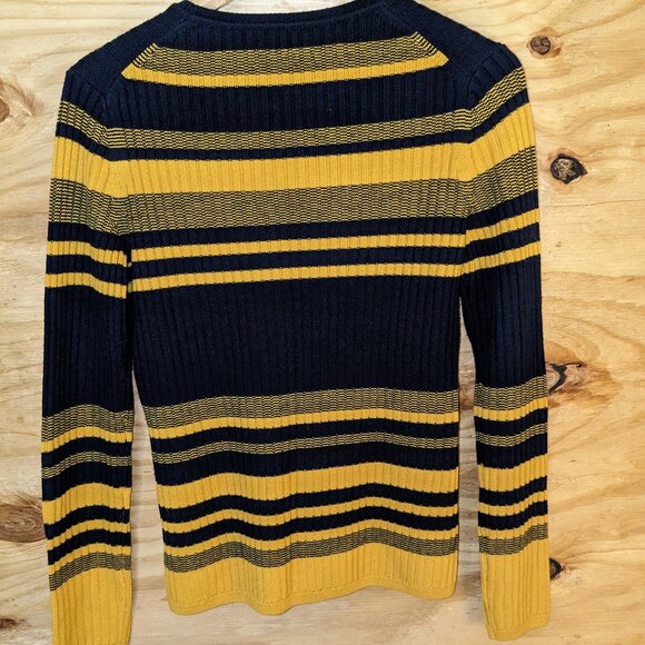 Brooks Brothers Women's Medium 100% Merino Wool Striped Sweater Gold Blue Crew - Picture 7 of 9